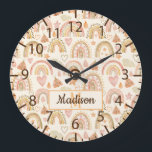 Whimsical Waterverf Earthy Boho Rainbows Name Grote Klok<br><div class="desc">monogram en naam wandklok op maat gemaakt met een patroon van waterverf beschilderde moderne boho rainbogen in een aardneutrale en terracotta toon.</div>