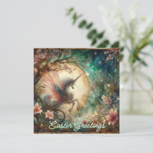 Whimsical  Waterverf Eenhoorn Easter Feestdagenkaart (Staand voorkant)