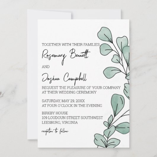 Whimsical Waterverf Eucalyptus Wedding Kaart (Voorkant)