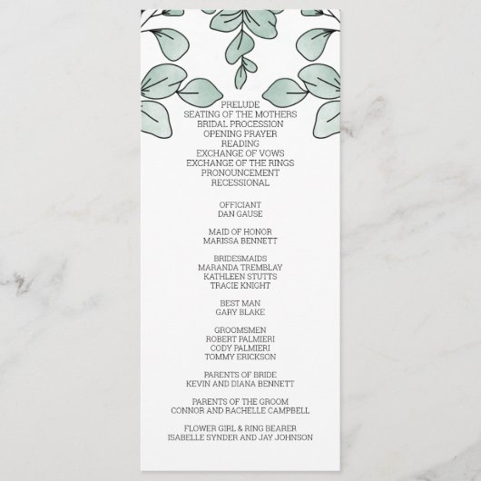 Whimsical Waterverf Eucalyptus Wedding Programmakaart (Voorkant)