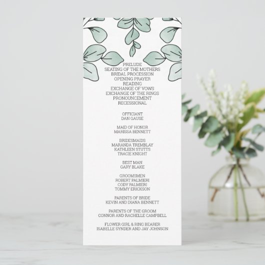 Whimsical Waterverf Eucalyptus Wedding Programmakaart (Staand voorkant)