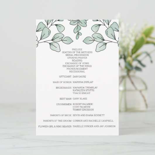 Whimsical Waterverf Eucalyptus Wedding Programmakaart (Staand voorkant)
