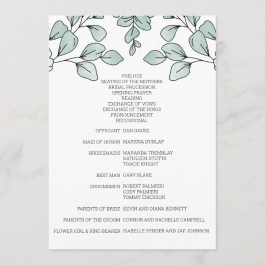 Whimsical Waterverf Eucalyptus Wedding Programmakaart (Voorkant)