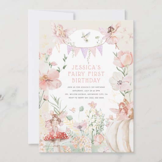 Whimsical Waterverf Fairy 1e Verjaardag Kaart (Voorkant)