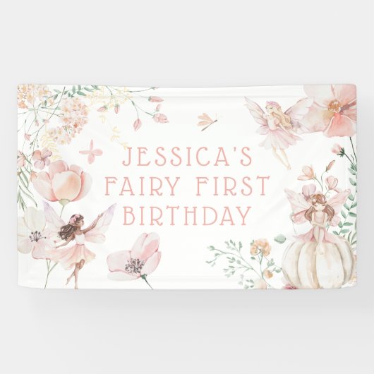 Whimsical Waterverf Fairy 1e Verjaardag Spandoek (Horizontaal)