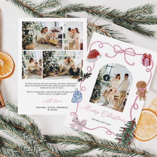 Whimsical Waterverf Familiefoto Kerst Feestdagenkaart