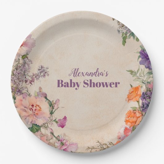 Whimsical Waterverf Floral Baby shower Papieren Bordje (Voorkant)