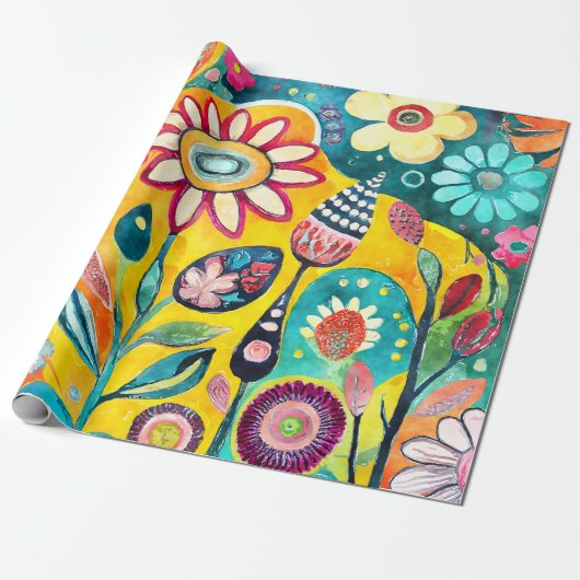 Whimsical Waterverf Floral Burst Cadeaupapier (Uitgerold)