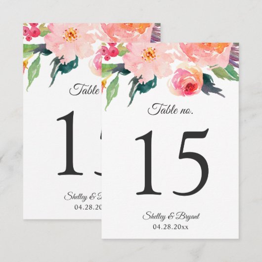 Whimsical Waterverf Floral Wedding Table Numbers RSVP Kaartje (Voorkant / Achterkant)