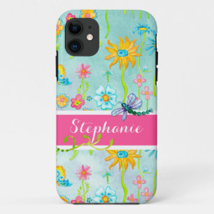 Whimsical Waterverf Flowers Dragonfly Butterfly iPhone 11 Hoesje