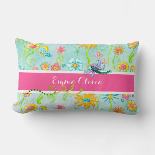 Whimsical Waterverf Flowers Dragonfly Butterfly Kussen (Voorkant)