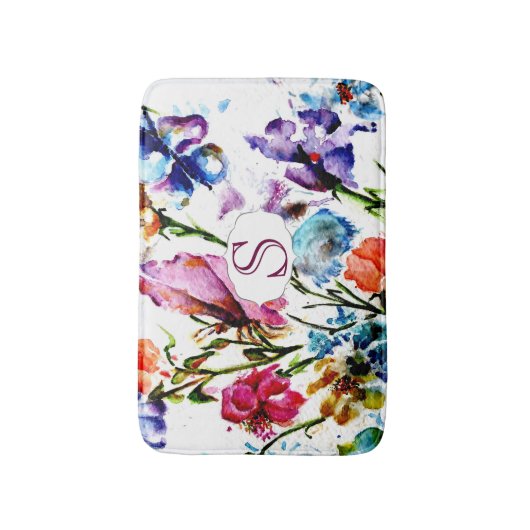 Whimsical Waterverf Flowers met Monogram Badmat (Voorkant Verticaal)