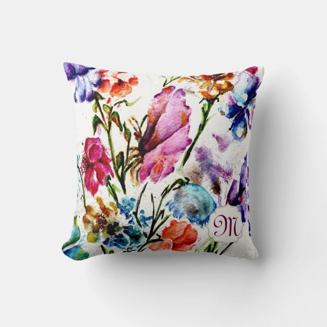 Whimsical Waterverf Flowers met Monogram Kussen (Voorkant)