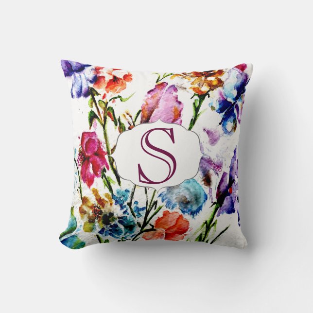Whimsical Waterverf Flowers met Monogram Kussen (Voorkant)
