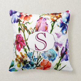 Whimsical Waterverf Flowers met Monogram Kussen