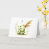 Whimsical Waterverf Frog met Pampas Grass Blank Kaart (Gele Bloem)