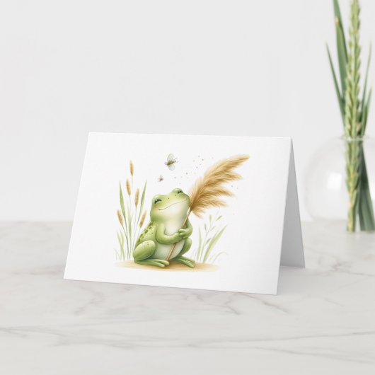 Whimsical Waterverf Frog met Pampas Grass Blank Kaart (Voorkant)