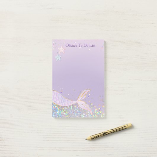Whimsical Waterverf Glitter Zeemeermin Staart Post-it® Notes (Op bureau)