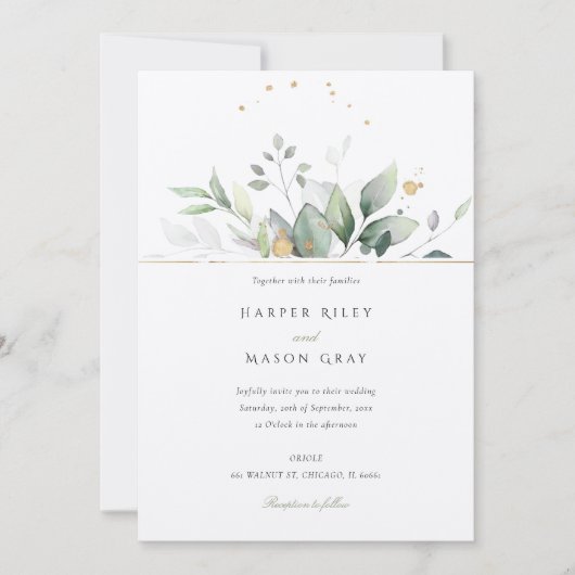 Whimsical Waterverf Groen & Gouden Bladerdak Bruil Kaart (Voorkant)