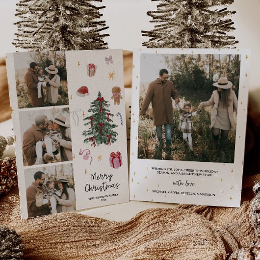 Whimsical Waterverf Hand getrokken Familiefoto Feestdagenkaart