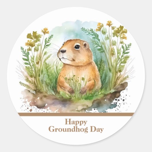 Whimsical Waterverf Happy Groundhog Day Ronde Sticker (Voorkant)