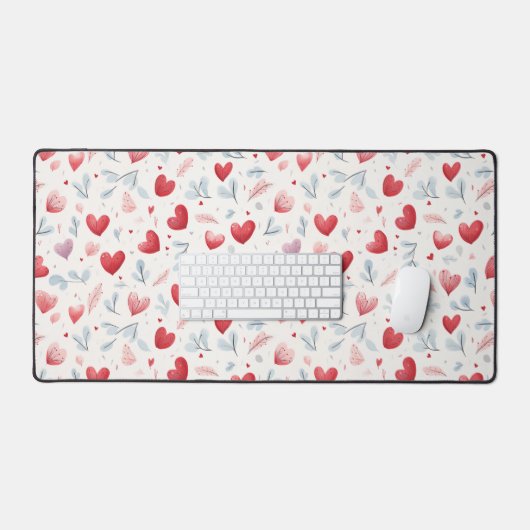 Whimsical Waterverf Hearts and Leaves Pattern Bureaumat (Keyboard & Muis)