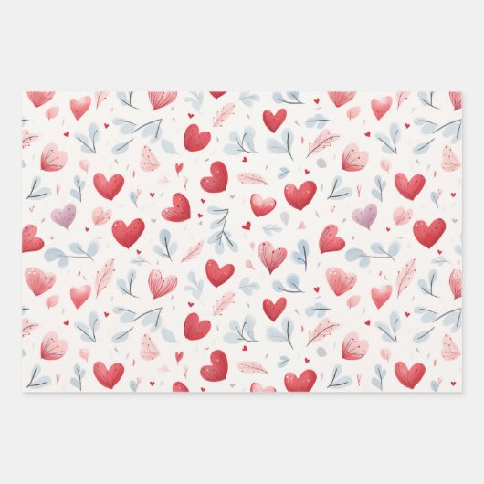 Whimsical Waterverf Hearts and Leaves Pattern Inpakpapier Vel (Voorkant)