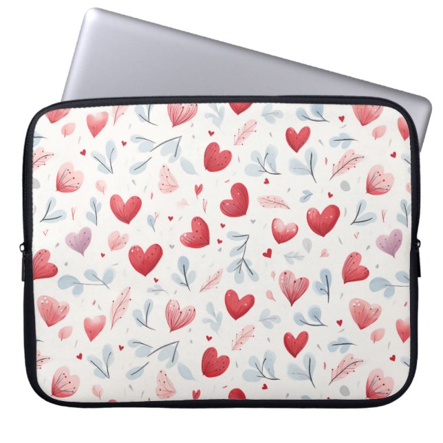 Whimsical Waterverf Hearts and Leaves Pattern Laptop Sleeve (Voorkant)