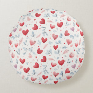 Whimsical Waterverf Hearts and Leaves Pattern Rond Kussen
