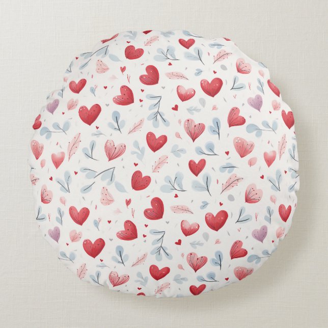 Whimsical Waterverf Hearts and Leaves Pattern Rond Kussen (Voorkant)