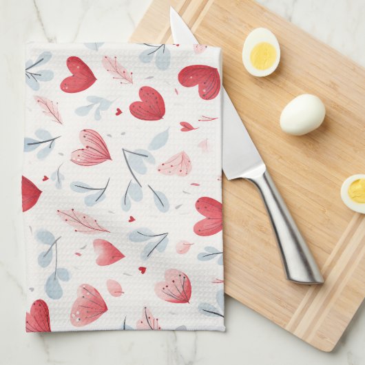 Whimsical Waterverf Hearts and Leaves Pattern Theedoek (Quarter Fold)