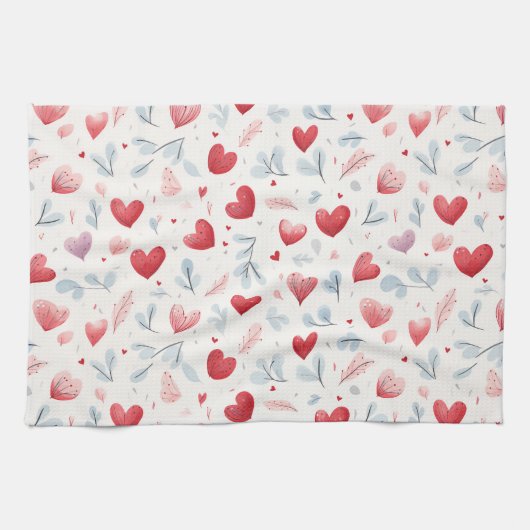 Whimsical Waterverf Hearts and Leaves Pattern Theedoek (Horizontaal)