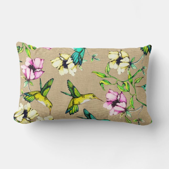 Whimsical Waterverf Hummingbird & Flowers Kussen (Voorkant)
