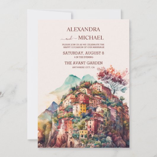 Whimsical Waterverf Italiaans Desitnation Wedding Kaart (Voorkant)
