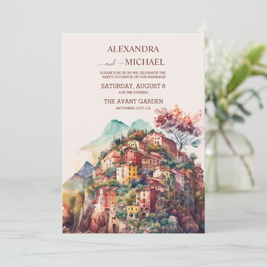 Whimsical Waterverf Italiaans Desitnation Wedding Kaart (Staand voorkant)