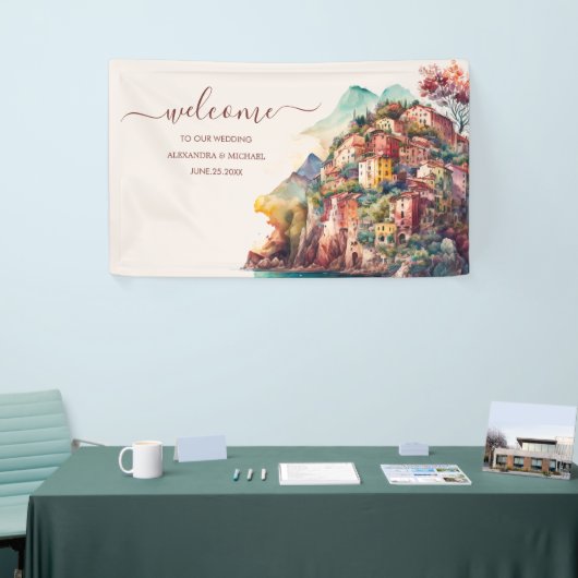Whimsical Waterverf Italiaans Destination Wedding Spandoek (Beurs)