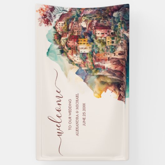 Whimsical Waterverf Italiaans Destination Wedding Spandoek (Verticaal)