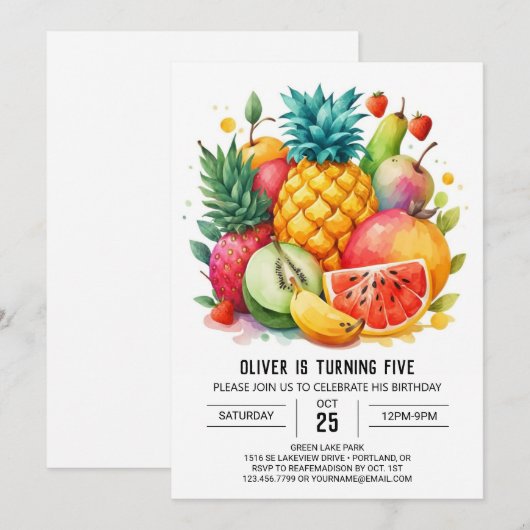 Whimsical Waterverf Juicy Fruits Verjaardag Kaart (Voorkant / Achterkant)