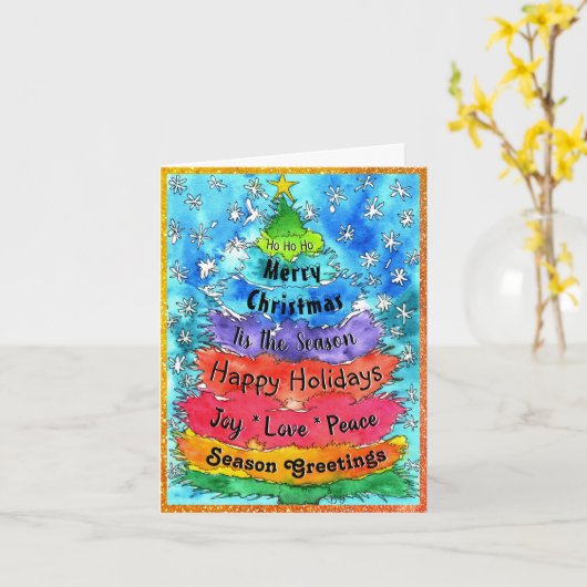 Whimsical Waterverf kerstboom met woorden Kaart (Gele Bloem)