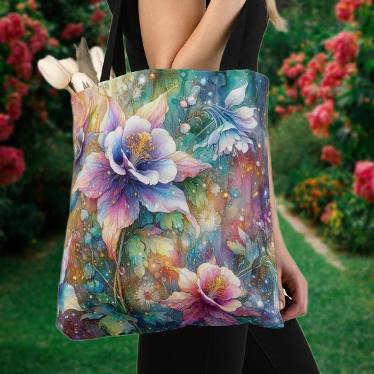 Whimsical Waterverf Kleurrijke Columbine Flowers Tote Bag