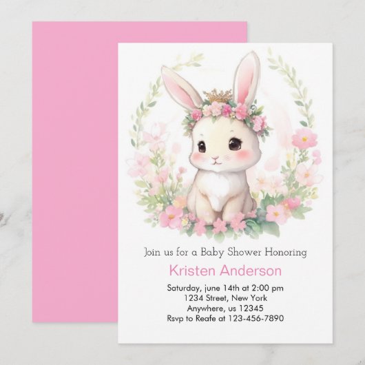 Whimsical Waterverf konijntje meisje Baby shower Kaart (Voorkant / Achterkant)