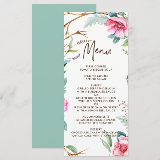 Whimsical Waterverf Krans Wedding Menu Kaart (Voorkant / Achterkant)