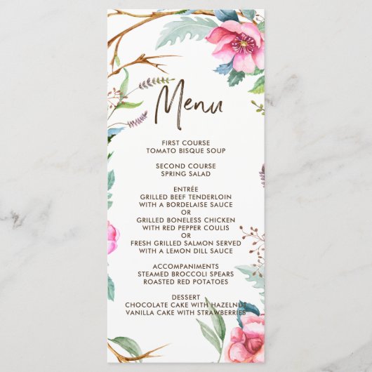 Whimsical Waterverf Krans Wedding Menu Kaart (Voorkant)