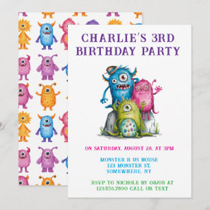 Whimsical Waterverf Monsters Kind verjaardagsfeest Kaart