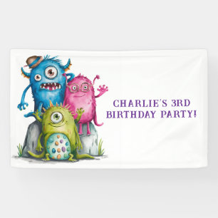 Whimsical Waterverf Monsters Kind verjaardagsfeest Spandoek