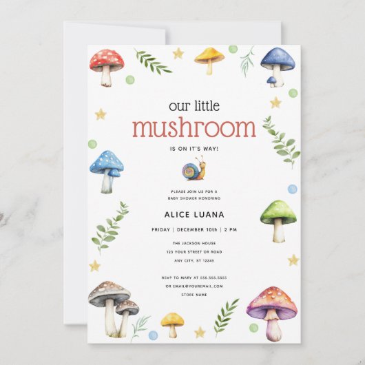 Whimsical Waterverf Mushroom Baby shower Kaart (Voorkant)