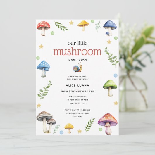 Whimsical Waterverf Mushroom Baby shower Kaart (Staand voorkant)