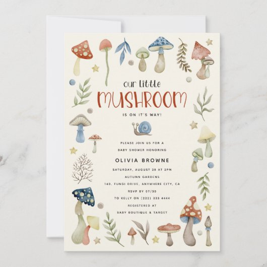 Whimsical Waterverf Mushroom Baby shower Kaart (Voorkant)