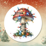 Whimsical Waterverf  Mushroom Christmas Ronde Sticker<br><div class="desc">Kerst stickers met een schattige grillige paddenstoel bedekt met kerstverlichting. Waterverf sprookjesachtige kerst.</div>
