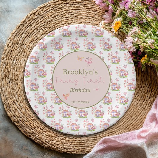 Whimsical Waterverf Mushroom Fairy Eerste Verjaard Papieren Bordje